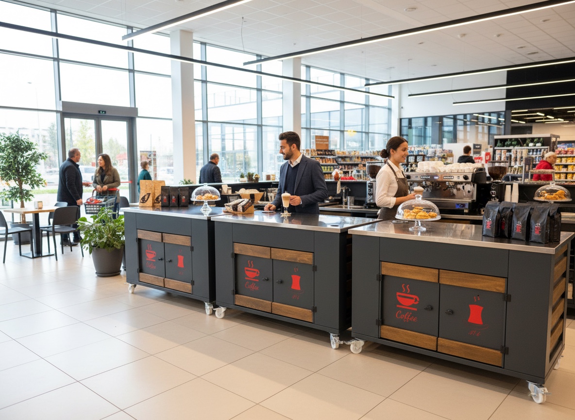 Market & Avm & Cafe Tekerli Orta Alan Kahve Sunum veya Satış Tezgahı